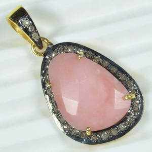 Natural Faceted Pink <b>Opal</b> Pave Diamond Setting <b>Gold</b> Vermeil Pendant 925 Sterling Silver Handmade - Product Image 4