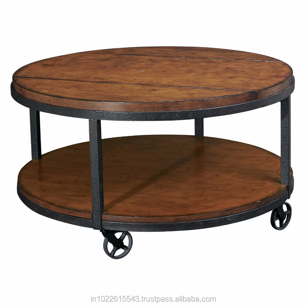 Industrial metal wood Round Coffee Table,industrial coffee table on small wheels
