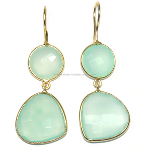 Haute qualité 925 boucles d'oreilles en argent Sterling or massif pérou calcédoine à facettes longue conception de goutte pour les femmes pour les mariages - Product Image 1