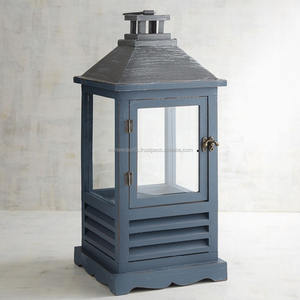 Vintage Wooden <b>Candle</b> <b>Lanterns</b> with <b>Glass</b> Panels Elegant Blue Finish Perfect for Home Decor Indoor Outdoor Lighting - Product Image 2