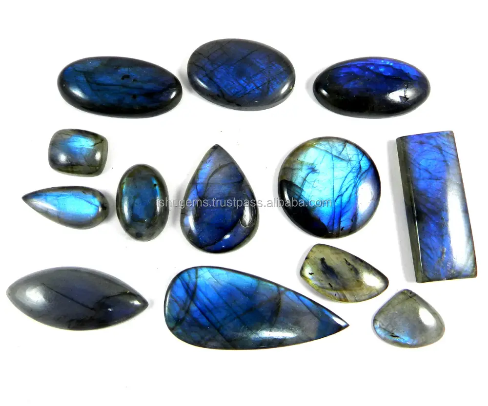 Grosir 102.2 Gms Biru Berkilau Labradorite 13 Buah Batu Permata Cabochon Ukuran Bebas untuk Membuat Perhiasan