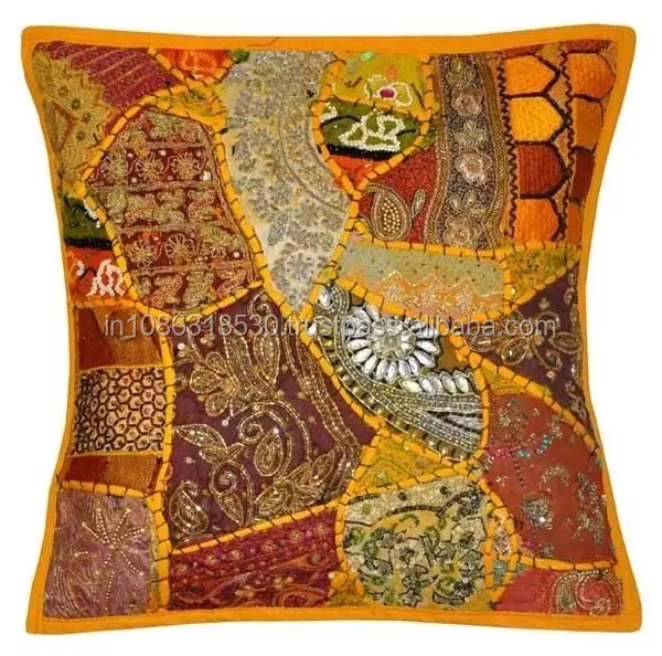 Indien Fait Main Housse De Coussin Broderie Patchwork Décor Oreiller Perlé Couvre 16 Ethnique Brodé décoratif Vintage cas d'art