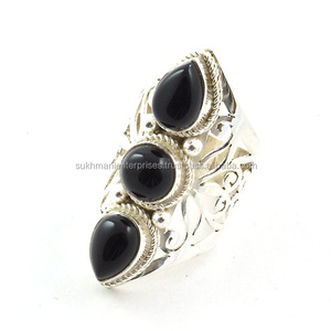 925 кольцо из стерлингового серебра с тремя камнями, черный оникс, без свинца, богемное популярное кольцо из джайпура, вечность, Вермейл, ювелирные изделия - Product Image 3