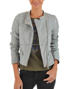 Veste en cuir de mouton gris pour femmes de qualité supérieure manteau de motard coupe ajustée élégant respirant automne hiver vêtements d'extérieur chauffés - Product Image 4