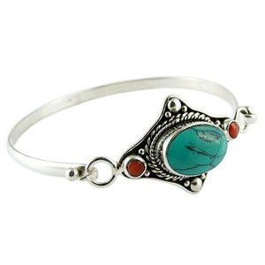 Brazaletes de Plata de Ley 925 con Turquesa y Coral, Joyería de Moda Bohemia, Cristiana, Unisex, India - Product Image 6