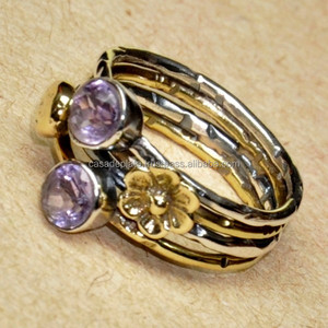 Bague améthyste De forme ronde à facettes, pierre précieuse en argent massif 925, bijoux De créateur - Product Image 1