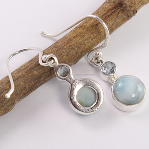 Natural <b>BLUE</b> <b>TOPAZ</b> & LARIMAR Gems 925 Sterling Silver Trendy Fashion <b>Earrings</b> - Product Image 1