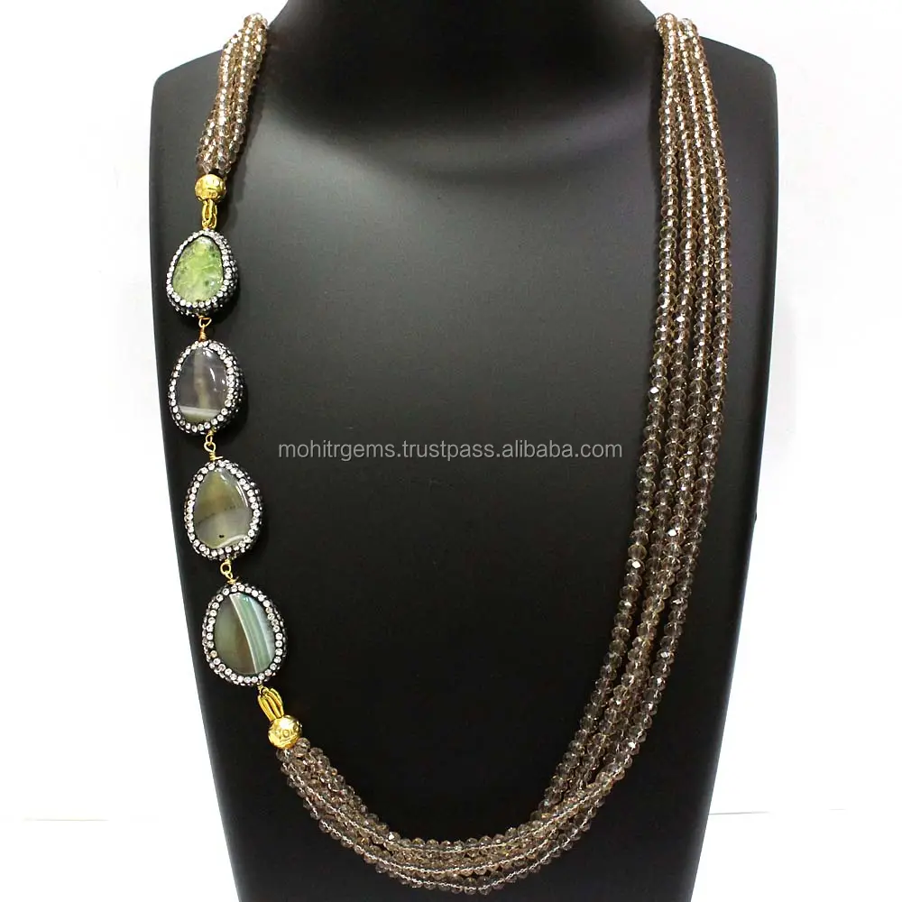 Long Endless Agate Pear Turkish Work Stone With Smoky Quartz Beads Beaded Necklace