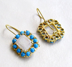 Natural Moonstone Cluster <b>Earrings</b> with <b>Turquoise</b> White and Blue Delicate Dangle <b>Earrings</b> - Product Image 3