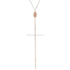 Solid 14K Rose Gold Natural Pave Diamond Hamsa Pendant Lariat Chain Necklace Minimalist Wholesale Jewelry Manufacturer Supplier