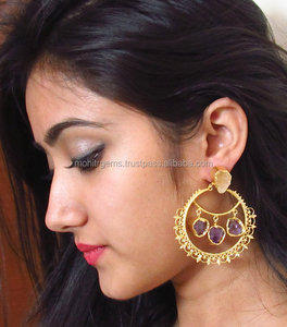 Boucles d'oreilles clous en quartz multicolores style Chand Bali, cadeau de mariage pour femme, or - Product Image 2