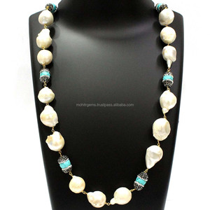 Collar de cuentas largas con forma de cúpula turquesa de 36 pulgadas sin fin con perla Barque para fiesta de boda o regalo hecho de aleación - Product Image 2