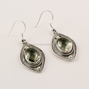Pendientes colgantes finos de Plata de Ley 925 con piedras preciosas de amatista verde facetadas, joyería de plata antigua - Product Image 1