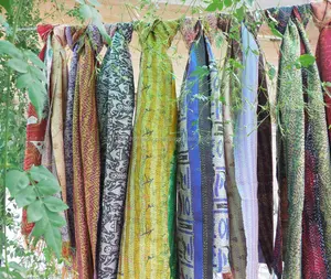 Винтажный Длинный шарф Kantha Dupatta из Индии, уникальная традиционная ткань из чистого шелка с вышивкой