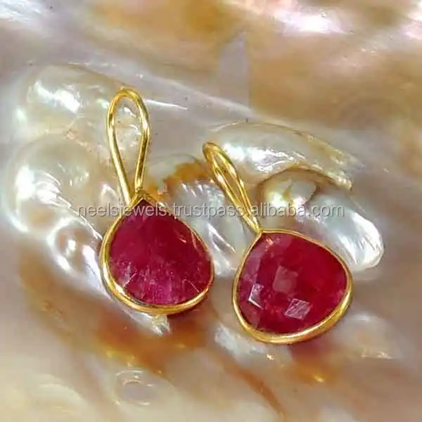 12X12MM Ruby Gemstone Gold Plated 925 Sterling Silver Handmade Earrings Fine Jewelry Women Long Pear Shape Ruby Earrings