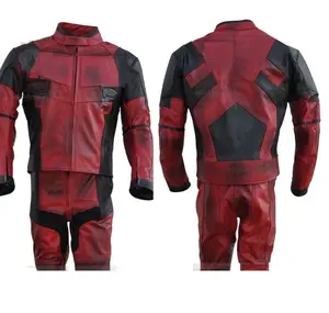 Marvel jaqueta de couro preto real vermelho, calças para uso personalizado, motocicleta