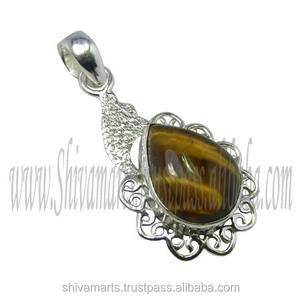 Derniers bijoux en argent fin au design vintage Nouveau pendentif en pierre précieuse en œil de tigre naturel avec breloque saine Prix de gros - Product Image 2