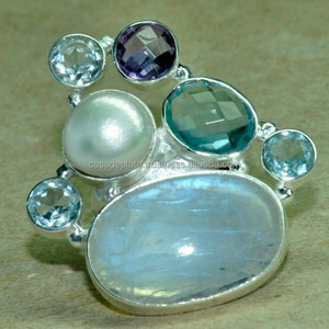 Rainbow Moonstone Blue Topaz Pearl, Anillo de plata amatista, 925 Sterling Forma ovalada Multi Stone Fashion Ring Fabricación al por mayor - Product Image 1
