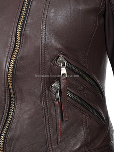 Chaqueta de cuero de piel de oveja elegante para mujer marrón oscuro Slim Fit invierno prendas de vestir exteriores Casual Oficina al por mayor - Product Image 4