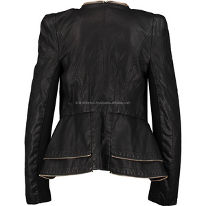 Venta al por mayor de alta calidad Premium Ladies Unique Peplum Zip Trims chaqueta de cuero para la venta - Product Image 2