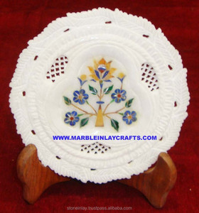 จานแกะสลักฝังหินอ่อนสีขาวงานแฮนด์เมดดีไซน์ลายดอกไม้สวยงาม - Product Image 1