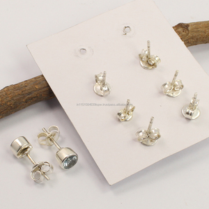 <b>Stud</b> <b>Earrings</b> 925 <b>Sterling</b> <b>Silver</b> 4 Pairs <b>Set</b> MULTI-COLOR Round Gemstones Natural Handmade Religious Women's Bezel Setting - Product Image 2