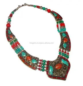 Bán buôn cung cấp mạ bạc trang sức Tây Tạng Turquoise San Hô Đỏ Nepal cổ điển Vòng cổ
