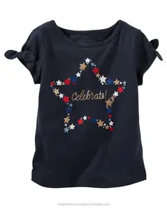 Girls glitter printed t shirt with knotted short sleeves kids graphic tees children Cotton T Shirts Summer Clothing Casual tops