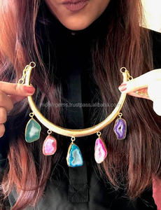 Multi-Color Geode Druzy Agate Statement <b>Bib</b> <b>Necklace</b> Brass Accents Wedding Party Engagement Gift Fashion Beaded Jewelry Mohit DF - Product Image 4