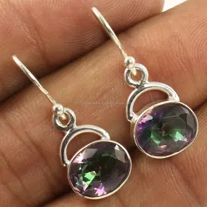 MYSTIC QUARTZ Oval Shaped Faceted Gemstones Little Pretty Earrings 925 Solid Sterling Silver Bezel Setting For Women