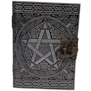 Journal en cuir véritable Pentagramme antique gaufré noir avec argent fait à la main en coton blanc papier jour organisateur personnel cahier - Product Image 1