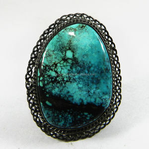 Estilo Vintage de rutenio plateado Natural turquesa tibetana anillo de piedras preciosas anillo ajustable IG3083 - Product Image 2