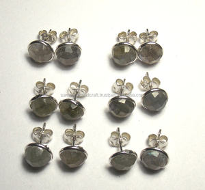 925 argent Sterling naturel Labradorite pierre précieuse avec plaqué or fait à la main forme ronde cadeau de mode pour sa boucle d'oreille - Product Image 1