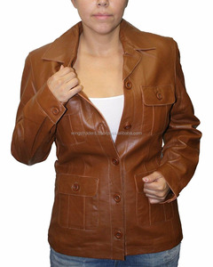 Chaqueta ajustada de piel auténtica para mujer, abrigo informal de cuero marrón lavado - Product Image 1