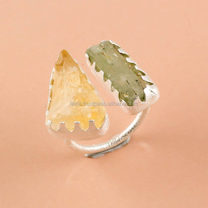 แหวนพลอยเงินแท้ 925 ซิทรินหยาบธรรมชาติ เครื่องประดับพลอยไซยาไนต์สีเขียว ผู้จัดจําหน่ายเครื่องประดับพลอยเงิน - Product Image 1