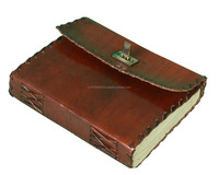 Diario cosido lateral hecho a mano Vintage cuero genuino solapa cubierta diario Grimoire antiguo bloqueo cuaderno estacionario personalizado