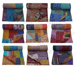 Groothandel Vintage Zijden Sari Patchwork Kantha Quilts Omkeerbare Zijden Kantha Sprei