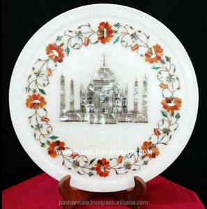 Magnifique assiette décorative en marbre poli avec incrustations, design Taj Mahal, pour la décoration de la maison - Product Image 1
