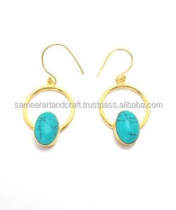 Pierre précieuse turquoise avec plaqué or fait à la main forme ovale à la mode nouveau Design bijoux cadeau pour sa boucle d'oreille - Product Image 5