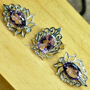 Pierre précieuse améthyste coupe ovale 925 argent sterling boucle d'oreille pendentif ensemble de bijoux à la mode ensemble de bijoux à la mode pour cadeau de mariage. - Product Image 2