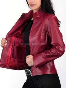 Blouson aviateur élégant en cuir d'agneau véritable pour femme, coupe ajustée, rouge, imperméable, respirant, vêtement d'extérieur tendance pour l'hiver, importé - Product Image 3