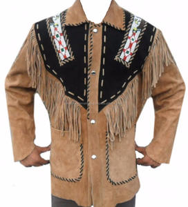 Shemax Western Leather <b>Jacket</b> Brown with Black <b>Patch</b> Fringed & Beads - Product Image 1