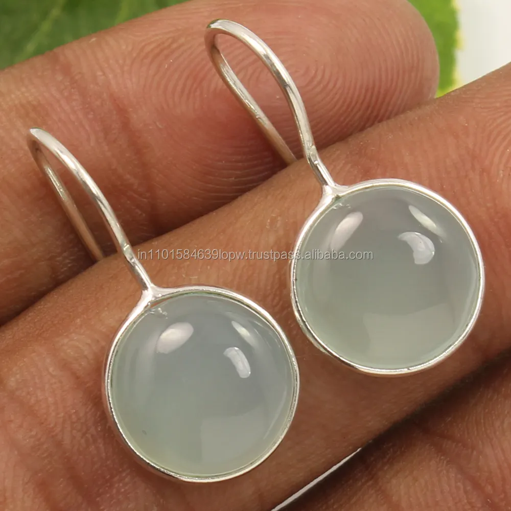 Bông Tai Dây Cố Định Tuyệt Vời 925 Rắn Sterling Silver Đá Quý Tự Nhiên AQUA CHALCEDONY