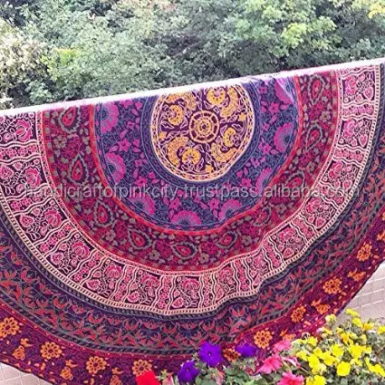 Indian Block Print Mandala Round Relax Beach Tapestry