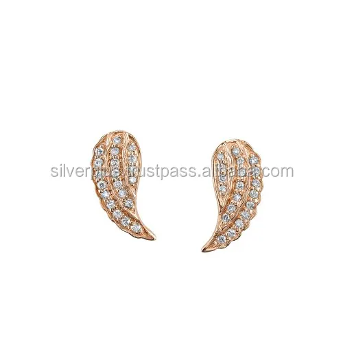 New Collection 14 Carat Yellow Gold Pave Diamond Charm Angel Wing Stud Earrings At Wholesale Price