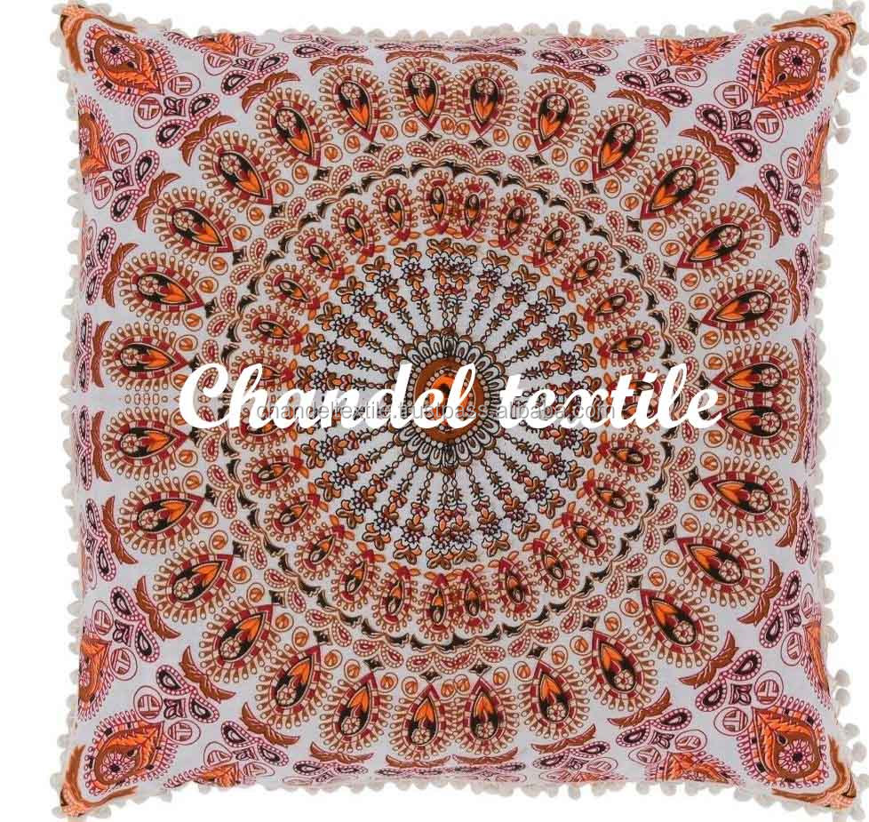 Indian Mandala Dekoratif Persegi Permadani Shams Sarung Bantal Eropa dengan Pom Pom Gipsi Bantal Seni Indian Lempar Besar Dekorasi