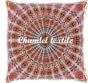 Indian Mandala Dekoratif Persegi Permadani Shams Sarung Bantal Eropa dengan Pom Pom Gipsi Bantal Seni Indian Lempar Besar Dekorasi