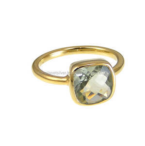 Bague à monture en cloche d'or, coussin d'améthyste verte naturelle, ensemble de bagues - Product Image 1