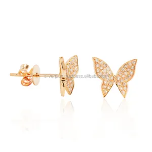 Natural Diamond Pave Butterfly Studs Earrings Solid 18K Yellow Gold Dainty Wholesale Jewelry Supplier