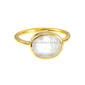 Arco Iris piedra lunar ovalada plata esterlina piedra preciosa bisel conjunto compromiso boda aniversario anillo - Product Image 1